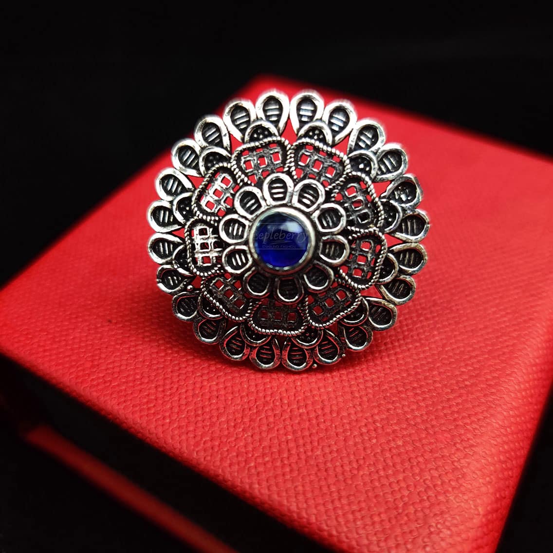 Green Floral Oxidised Fancy Ring - Mata Payals Exclusive Silver Jewellery